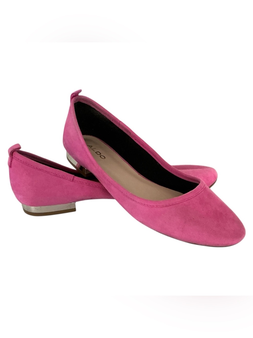 Aldo Pink Suede Flats with Silver Banded Heels 9.5